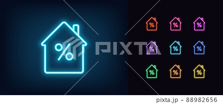 Outline neon house icon. Glowing neon home with percentage sign, house mortgage pictogram. Real estate insurance 88982656