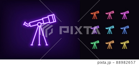 Outline neon space telescope icon. Glowing neon monocular spyglass, planetarium pictogram. Cosmos exploration Outline neon space telescope icon. Glowing neon monocular spyglass, planetarium pictogram. Cosmos exploration 88982657