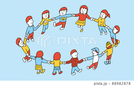 手を繋いで輪になる多様な個性の子供たちのイラスト 88982878