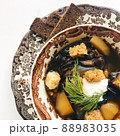 Soup with mushrooms with sour cream and dill in a german brand dish with ornaments. Vegetarian diet dish, organic food 88983035