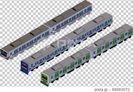 オレンジ、黄緑、青の電車の立体的なアイソメトリックスタイルの電車のイラスト. 88983072