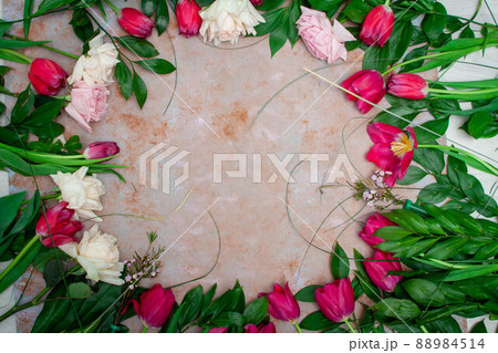 Spring summer border template floral background. Light air delicate artistic image, free space. 88984514