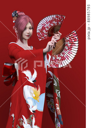 赤い着物を着た女性が扇子を両手に持ち、華麗に舞うのイラスト素材