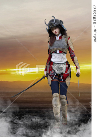 戦から戻って着た武者姿の甲冑を被った女子が朝焼けを背に煙の舞う荒野を歩くのイラスト素材 57