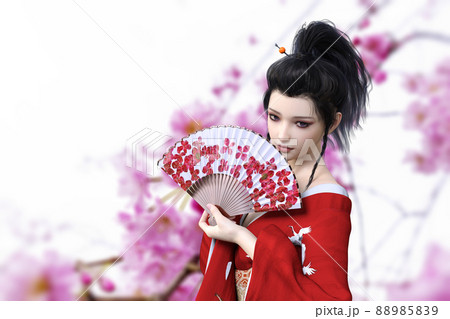 桜の咲く背景に花柄の扇子を広げた黒髪のが赤い着物を着た魅力的な和風の女性が澄んだ表情でポーズをとるのイラスト素材 59