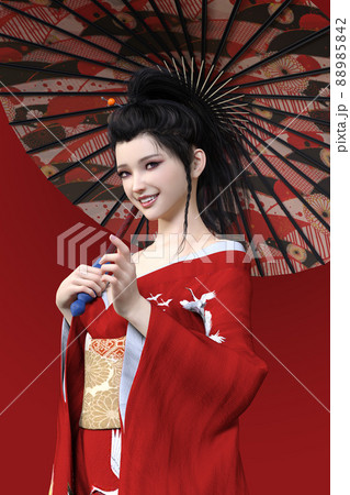 赤色の背景に魅力的な和風の女性が赤い着物を着て和柄の和傘をさして