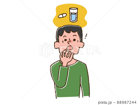 薬を飲み忘れたことに気がついた男性 コミカルな手書きの人物　ベクター、線画にカラー 88987244