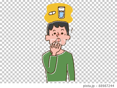薬を飲み忘れたことに気がついた男性 コミカルな手書きの人物　ベクター、線画にカラー 88987244