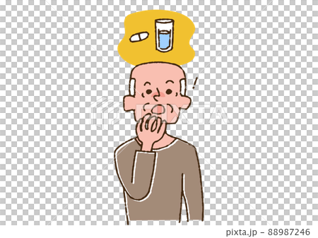 Elderly man who noticed that he forgot to take medicine Comical handwritten person Vector, color on line drawing 88987246