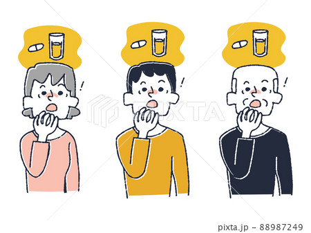 薬を飲み忘れたことに気がついた人物のセット コミカルな手書きの人物　ベクター、線画にカラー 88987249