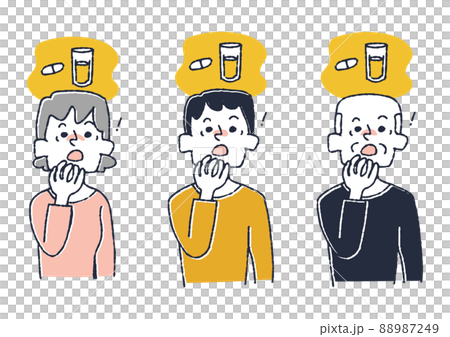 薬を飲み忘れたことに気がついた人物のセット コミカルな手書きの人物　ベクター、線画にカラー 88987249