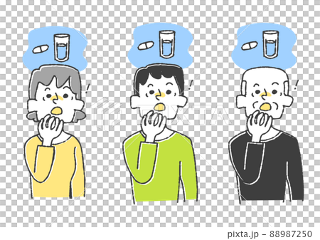 A set of people who noticed that they forgot to take the medicine Comical handwritten person Vector, line drawing and color 88987250