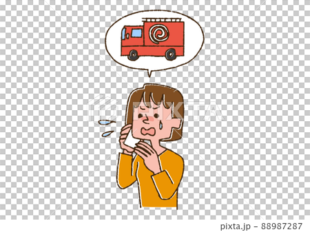 消防車を電話で呼んでいる女性 コミカルな手書きの人物　ベクター、線画にカラー 88987287