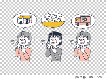 通報の電話をしている女性のセット コミカルな手書きの人物　ベクター、線画にカラー 88987289
