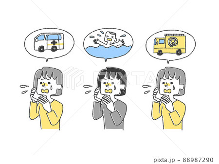 通報の電話をしている女性のセット コミカルな手書きの人物 ベクター、線画にカラー 通報の電話をしている女性のセット コミカルな手書きの人物 ベクター、線画にカラー 88987290