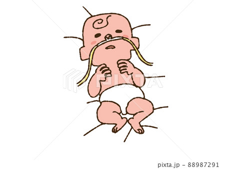 酸素鼻カニューレをしている赤ちゃん コミカルな手書きの人物　ベクター、線画にカラー 88987291
