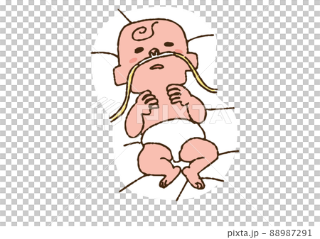 酸素鼻カニューレをしている赤ちゃん コミカルな手書きの人物　ベクター、線画にカラー 88987291