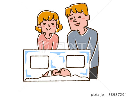 保育器の中の赤ちゃんを見ている夫婦 コミカルな手書きの人物 ベクター、線画にカラー 保育器の中の赤ちゃんを見ている夫婦 コミカルな手書きの人物 ベクター、線画にカラー 88987294
