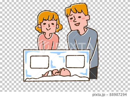 A couple looking at a baby in an incubator Comical handwritten person Vector, line drawing and color 88987294