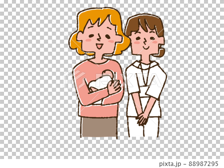 Mom and nurse holding a premature baby Comical handwritten person vector, color on line drawing Mom and nurse holding a premature baby Comical handwritten person vector, color on line drawing 88987295