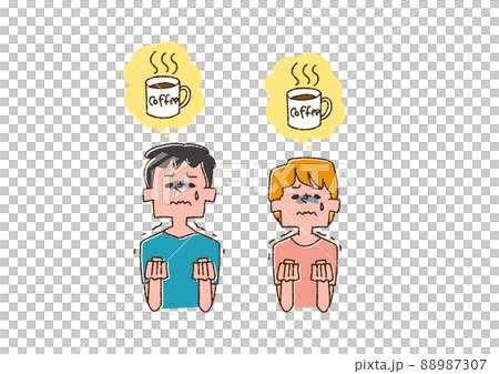 一組忍受咖啡因的男女漫畫手寫人物矢量、線條畫和顏色 88987307