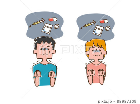 薬の濫用を我慢している男性と女性 コミカルな手書きの人物　ベクター、線画にカラー 88987309