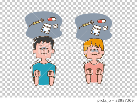 忍受藥物濫用的男人和女人滑稽的手寫數字矢量，彩色線條圖 88987309