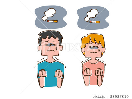 タバコを我慢している男性と女性 コミカルな手書きの人物 ベクター、線画にカラー タバコを我慢している男性と女性 コミカルな手書きの人物 ベクター、線画にカラー 88987310