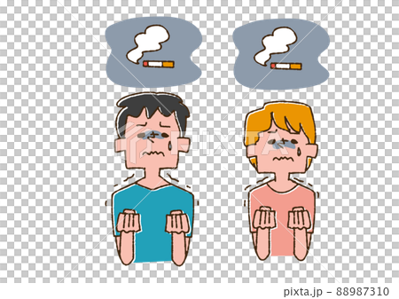 忍受香煙的男人和女人滑稽的手寫數字矢量，彩色線條圖 88987310