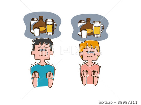 アルコールの摂取を我慢している男性と女性 コミカルな手書きの人物　ベクター、線画にカラー 88987311