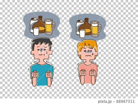 アルコールの摂取を我慢している男性と女性 コミカルな手書きの人物　ベクター、線画にカラー 88987311