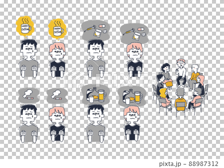 一組與成癮作鬥爭的人 可笑的手寫人物矢量、線條畫和顏色 88987312