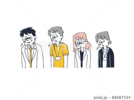 疲れ果てている医療従事者のセット コミカルな手書きの人物　ベクター、線画にカラー 88987334