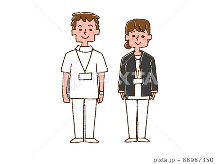 男性看護師と女性看護師 コミカルな手書きの人物 ベクター 線画にカラーのイラスト素材 7350