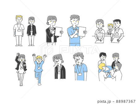 いろんな場面の看護師のイラストセット コミカルな手書きの人物 ベクター 線画にカラーのイラスト素材 7367