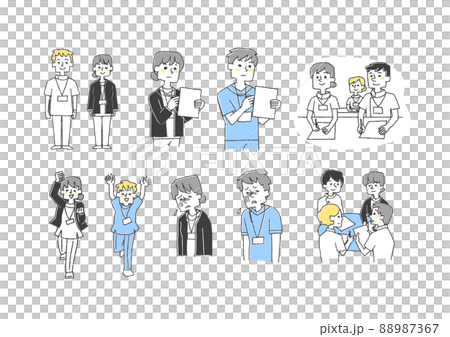 各種場景中護士的插圖集 可笑的手寫人物矢量、線條畫和顏色 各種場景中護士的插圖集 可笑的手寫人物矢量、線條畫和顏色 88987367