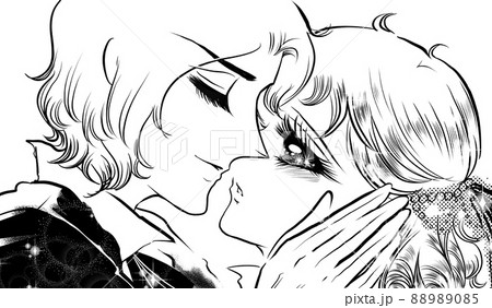 70年代少女漫画イケメン王子と突然の口づけをする金髪縦ロール