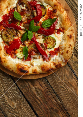 pizza vegetables tomato, onion, pickles, mushrooms, etc. vegan or vegetarian food ready to eat no meat portion on the table for healthy meal snack outdoor top view copy space food background rustic 88989402