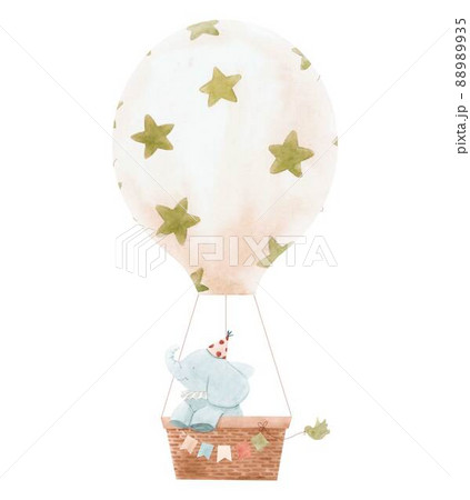 Beautiful children composition with cute watercolor hand drawn baby elephant on air balloon. Stock illustration. 88989935