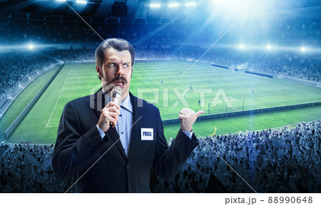 Pressman at football arena, before game having online broadcast. Sport news, information, championship. leage 88990648