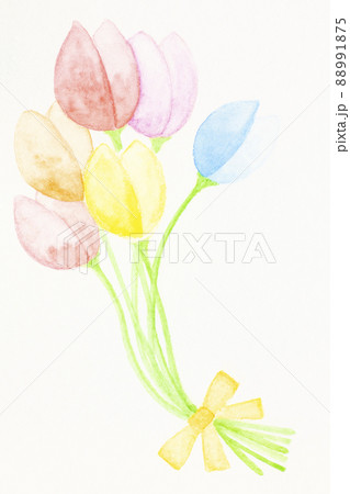 透明水彩で描いたチューリップの花束。 88991875
