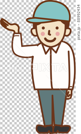 一個戴著帽子的微笑工人舉起了手。 88992434