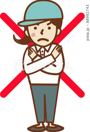 禁止のポーズをする、帽子を被った作業員の女性。 禁止のポーズをする、帽子を被った作業員の女性。 88992743