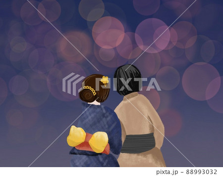 浴衣でデート カップル イラストのイラスト素材
