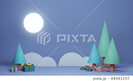 christmas tree and gifts in the night with moon and stars, 3d render  88993207