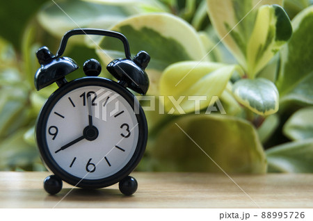 Black alarm clock isolated on blurred nature background. The clock set at 8 o'clock. 88995726