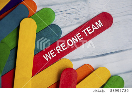 We're one team text on red wooden stick. Teamwork and business concept We're one team text on red wooden stick. Teamwork and business concept 88995786