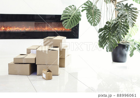 Boxes in front of a white wall in the new home 88996061
