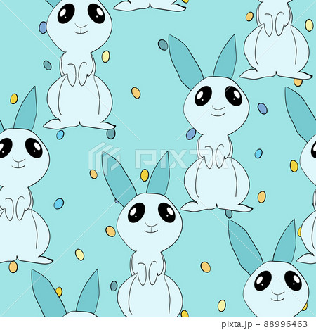 Seamless pattern with silhouette Easter rabbits on color background. Design for card, postcard, wallpaper, fabric, textile. Vector stock illustration. Cartoon style 88996463