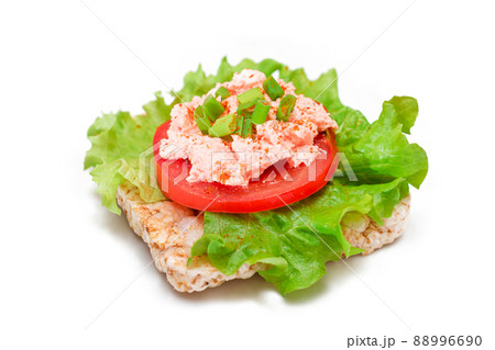 Rice Cake Sandwich with Tomato, Lettuce, Fish Cream and Green Onions - Isolated 88996690